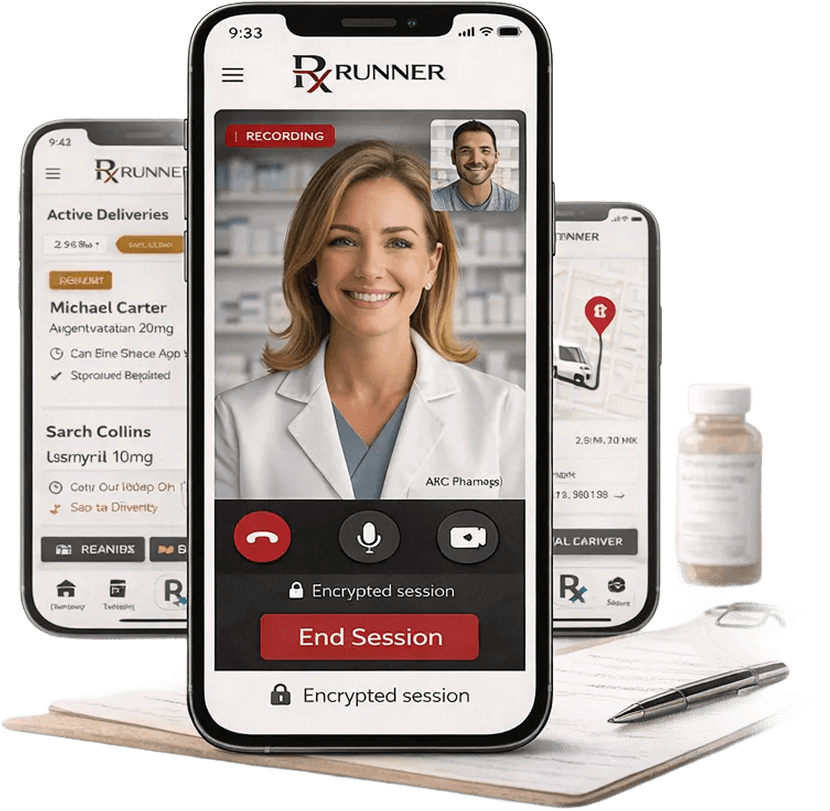 RxRunner App — Active Deliveries and Video Consultation